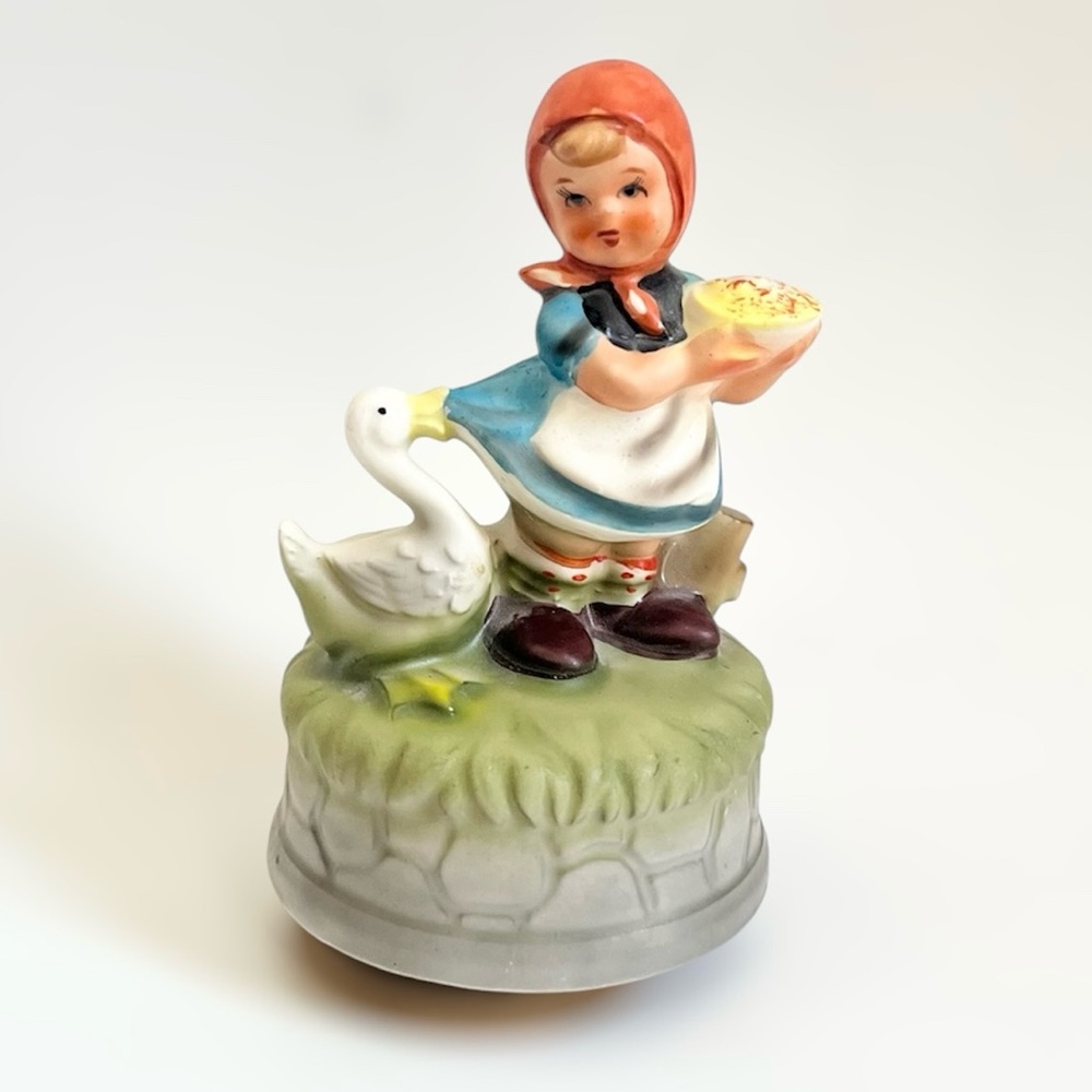 Vintage Himark Country Girl with Goose Rotating Porcelain Japan Music Box